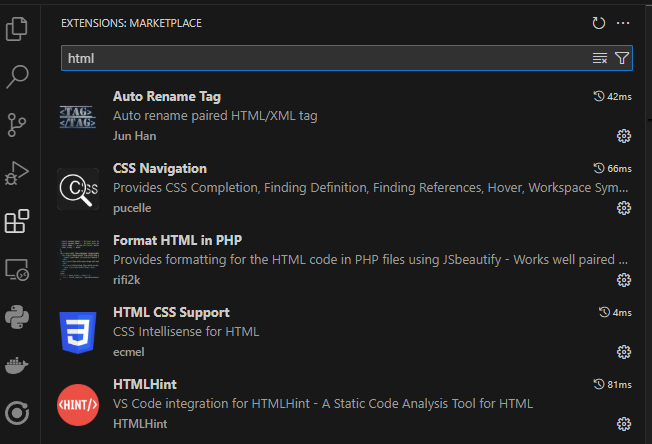 Screenshot der VSCode Extensions Marketplace mit empfohlenen Erweiterungen für Web-Entwicklung