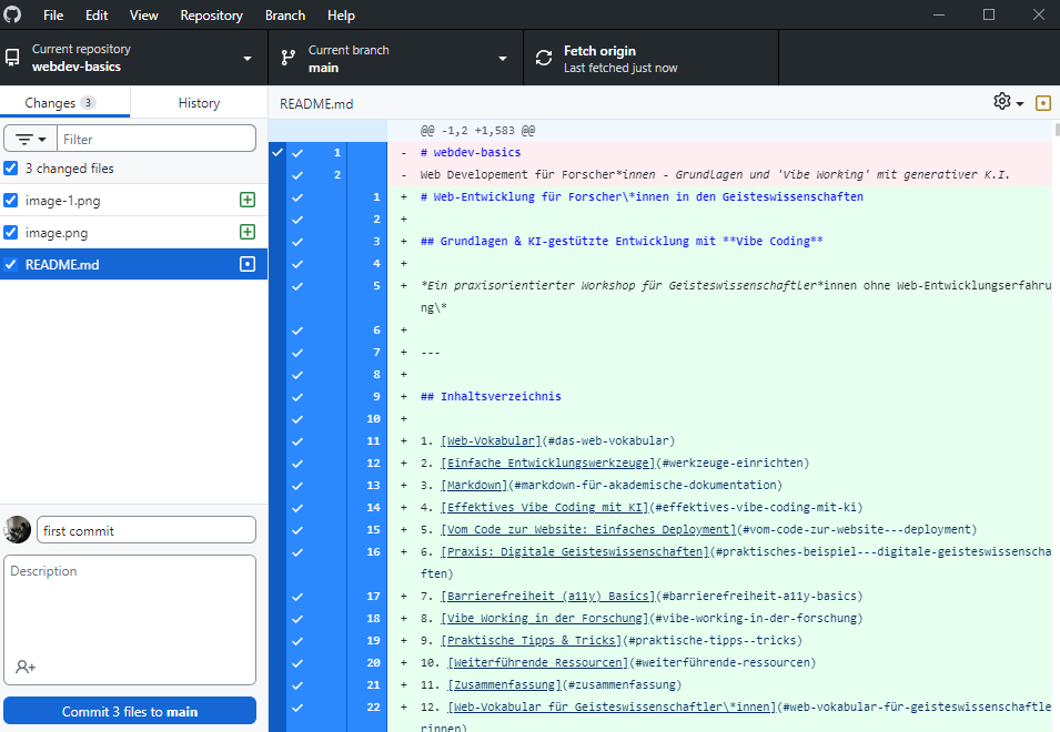 Benutzeroberfläche von GitHub Desktop mit Repository-Verwaltung und Commit-Historie