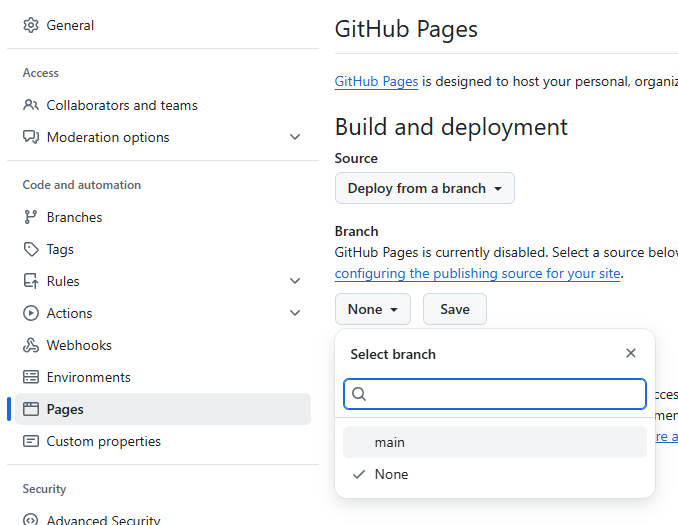 Screenshot der GitHub Pages Einstellungsseite mit ausgewähltem Branch und Deployment-Optionen
